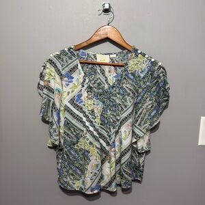 Maeve Anthropologie Floral Maya Flutter Sleeve Boho Button Shoulder Blouse